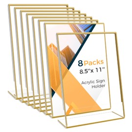 8 Pack Gold Acrylic Frames 8.5x11 Gold Acrylic Sign Holder Picture Frame Clear Slanted Back Acrylic Table Sign Holder 8.5x11 Flyer Document Brochure Display Stands for Office Wedding Party