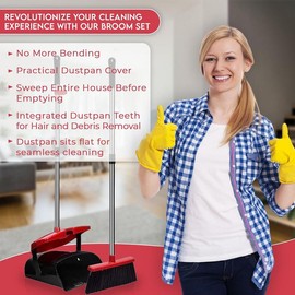 Broom with Dustpan Combo Set - Apartment, Dorm, House Cleaning Product - Long-Handled, Stand-Up, Full Comb Teeth – Sturdy Indoor Sweeping Household Gadget (Includes Gift) (Red & Black) - variation_color_name: Red & Black