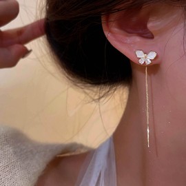 TseenYi CZ Butterfly Threader Earrings Long Bar Chain Threader Earrings Gold Crystal Butterfly Studs Earrings Long Pull Line Threader Earrings Jewelry for Women and Girls