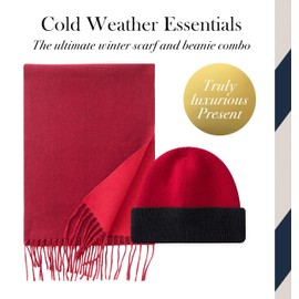 CALVIN & OLIVIA Mens Winter Warm Cuffed Beanie Hats Long Soft Scarf Plaid Tassel Scarf for Men Classic Scarves Gift Set Brilliant Burgundy Red Two Tone Set