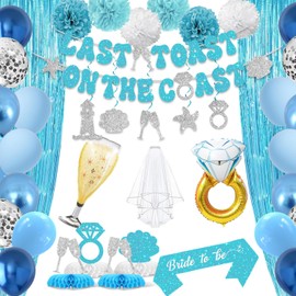 Last Toast on The Coast Bachelorette Decorations, Blue Bridal Shower Party Decorations Including Fringe Curtain, Bride To Be Sash, Veil, Bachelorette Banner, Centerpieces, Hanging Swirls, and Pom poms