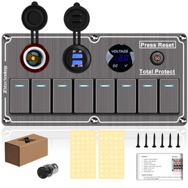 Marine Rocker Switch Panel,Aluminum Switch Panel for Boat Waterproof 8 Gang Toggle Switch Panel with Dual USB and Voltmeter Panel for RVs, Cars, Boats, Trucks,Trailers - 12-24V Grey