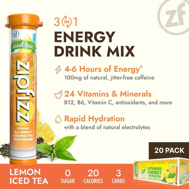 Zipfizz Daily Energy Drink Powder, Lemon Iced Tea, 20 Pack