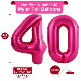 40 Inch Hot Pink 40 Number Balloons Giant Jumbo Huge 40 Foil Mylar Helium Number Digital Balloons Dark Pink Birthday Mylar Digital Balloons 40th Birthday Party 40th Anniversary Events Party