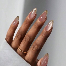 IQXGE Medium Almond Press on Nails French Tip Full Cover False Fake Nails Press ons Cat Eye Stick on Nail Nude Glitter Acrylic Fake Nail with Golden French Tips Artificial 24Pcs Reusable for Women