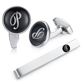 (P) - HONEY BEAR Initial Alphabet Letter Cufflinks Tie Clip Set for Mens - Black Round Stainless Steel, for Business Wedding Gift A - Z