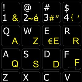 FRENCH AZERTY-ENGLISH NON-TRANSPARENT KEYBOARD LABELS ON BLACK BACKGROUND for DESKTOP, LAPTOP and NOTEBOOK