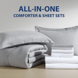 Cathay Home Basic Bedding Home Essential Ultra Soft Light Weight 8PC Wrinkle Resistant Microfiber Bed in a Bag Set (Includes Complete Sheet Set, Comforter Set & Bedskirt) - King, Light Gray