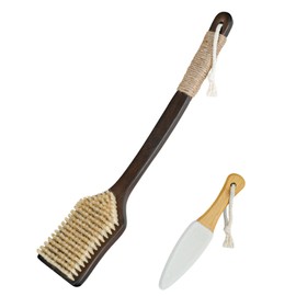Shower Back Scrubber with Curved Long Handle Medium-Hard Natural Boar Bristles Back Scrubber for Shower for Men and Women Body Brush Exfoliator Set with Foot File(2 Pack)
