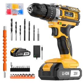 20V Cordless Drill/Driver, Electric Screwdriver - 1 Batteries, 45Nm, 21+3 Torque, 2 Speed, Keyless 3/8" Chase with LED Light (20V Drill (Yellow))