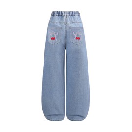 Floerns Girl's Y2k Bowknot Print Elastic Waist Jeans Wide Leg Cute Denim Pants Blue Cherry 10Y