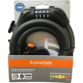 Prophete Zahlen-Spiralkabelschloss Schwarz 150 cm – 4-Zahlen-Kombination mit LED-Beleuchtung, Frei kodierbar, Halter für Rahmenrohr, Ø 12 mm, Fahrrad Diebstahlschutz