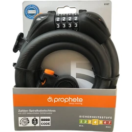 Prophete Zahlen-Spiralkabelschloss Schwarz 150 cm – 4-Zahlen-Kombination mit LED-Beleuchtung, Frei kodierbar, Halter für Rahmenrohr, Ø 12 mm, Fahrrad Diebstahlschutz