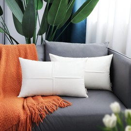 BRAWARM Faux Leather Throw Pillow Covers 12 X 20 Inches, White Leather Lumbar Pillow Covers Pack of 2, Hand Stitched Leather Decorative Throw Pillows for Couch Sofa Bed Living Room Home Garden