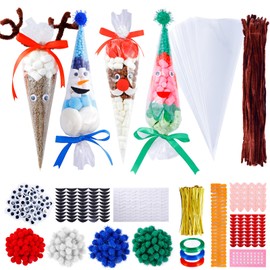 1317 Pcs 200 Sets Christmas Cone Cellophane Treat Bags Xmas Candy Treat Bags DIY Reindeer Santa Claus Snowman Elf Candy Bags with Pipe Cleaners Pom Poms Ribbons Eyes Facial Features and Cone Bags for Christmas Party Favors