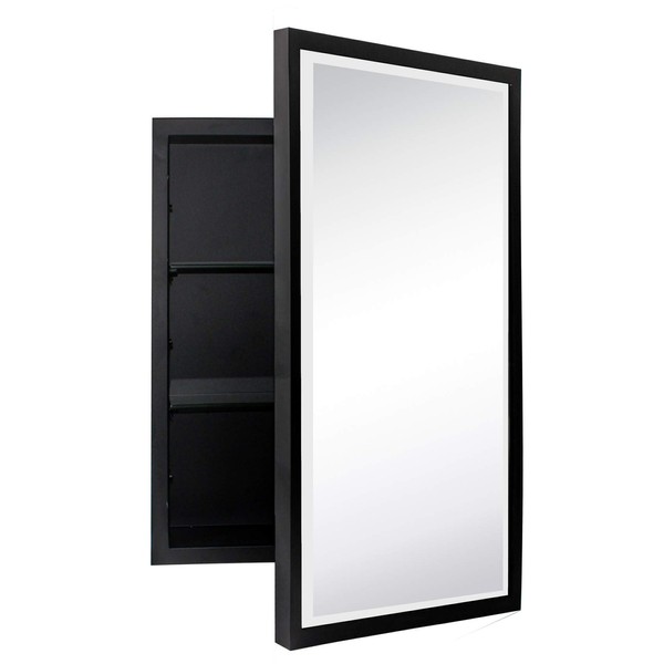 TEHOME Black Metal Framed Recessed Bathroom Medicine Cabinet with Mirror Rectangle Beveled Vanity Mirrors for Wall 16 x 24 inches