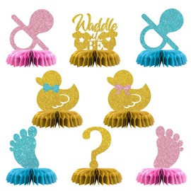 Maicaiffe Waddle it Be Table Honeycomb Centerpieses Decorations - Glitter 8 Pcs Boy or Girl Party Table Toppers Decor - Duck Gender Reveal - Boy Girl Birthday Party Decoration Supplies