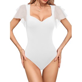 Missufe Women's Transparent Mesh Short Sleeve Bodycon Top Summer Body Bodysuit Tops, White