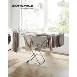 SONGMICS Clothes Drying Rack, Metal Laundry Drying Rack, Foldable, Space-Saving, Free-Standing Airer, with 2 Gullwings, Indoor Outdoor Use, Bed Linen Clothing, Gray ULLR540G01