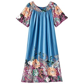 AmeriMark Women’s Lounger House Dress - Short Sleeve Patio Dress w/Side Pocket Teal Floral Paisley 1X