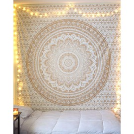 THE ART BOX Hippie Mandala Wall Hangings Ombre Large Tapestry Gold and White - 54x60 inch Indian Cotton Beach Throw Wall Blanket Bohemian Decor Tapestrys - Bedroom Aesthetic Tapestries