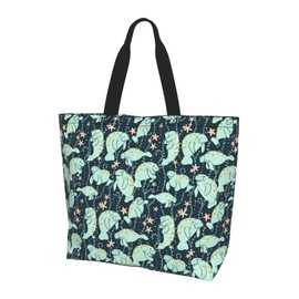 Manatee Large Tote Bag for Women Men，Reusable Shoulder Casual Handbag for Shopping Beach Travel and Grocery