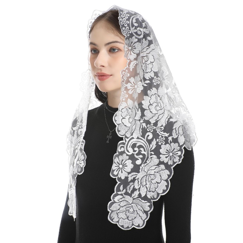 Bozidol Church Mantilla Catholic Veil: White Peony Flowers Embroidered Lace