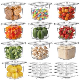 West Bay 10 Pack 1/6 Size Plastic Food Pans with Lids, 4 Inch Deep Clear Polycarbonate Hotel Pans for Commercial & Home Use, Stackable Food Storage Containers for Fridge, Kitchen & Catering
