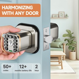 Richelock Square Door Knob with Keypad, Keylees Entry Door Lock with Cylinder, Auto Lock, Waterproof & Weatherproof Code Doorknob for Outdoor & Indoor, Bedroom, Entry Door,Office -Satin Nickel