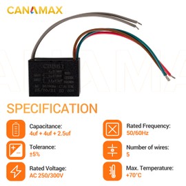 Canamax Durable CBB61 5-Wire 4uf+4uf+2.5uf 250V/300V AC 50/60Hz Ceiling Fan Capacitor - Compatible with Electrical Fan Washer Water Pump