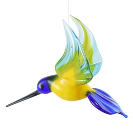 American Made Hanging Glass Figurine Ornament - Yellow and Blue Hummingbird