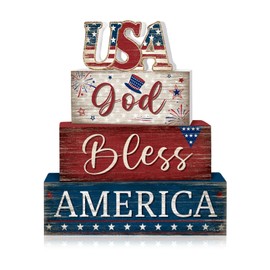 Britimes 4 Pcs Patriotic Tiered Tray Decor Set, 4th of July Table Sign Farmhouse Red White Blue Rustic Wooden Block Stack Sign Memorial Day Decorations for Home Fireplace Mantel (Independence Day USA)