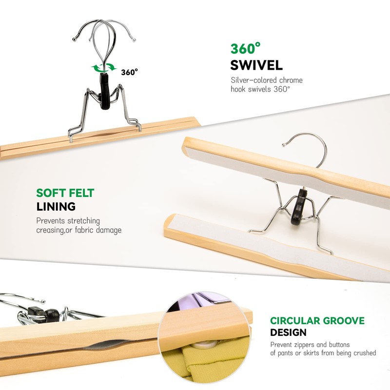 Nature Smile Wooden Pants Skirt Hangers, Smooth Finish Solid Wood