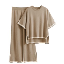 Tanming Sweater Sets Women 2 Piece Lounge Sets Short Sleeve Knit Pullover Tops Wide Leg Pants (DarkKhaki-XL)