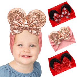 Baby Mouse Ears Headband, Mouse Ears Sequins Bows Fabric Elastic Head Wrap for Newborn Baby Care Hair Care Hairbands Half and First Birthday Outfit Girls or Costume Party supplies (red polka dot bow)