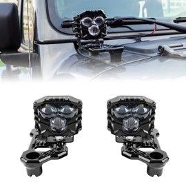 HENGTUAOTO 2-Pack 2.5inch Three-Eye 30W Spotlight 5400LM with JL A-Pillar Windshield Hinge Mounting Brackets Wiring Harness Kit, for Wrangler JL/JLU 2018-2023 Gladiator JT 2020-2023