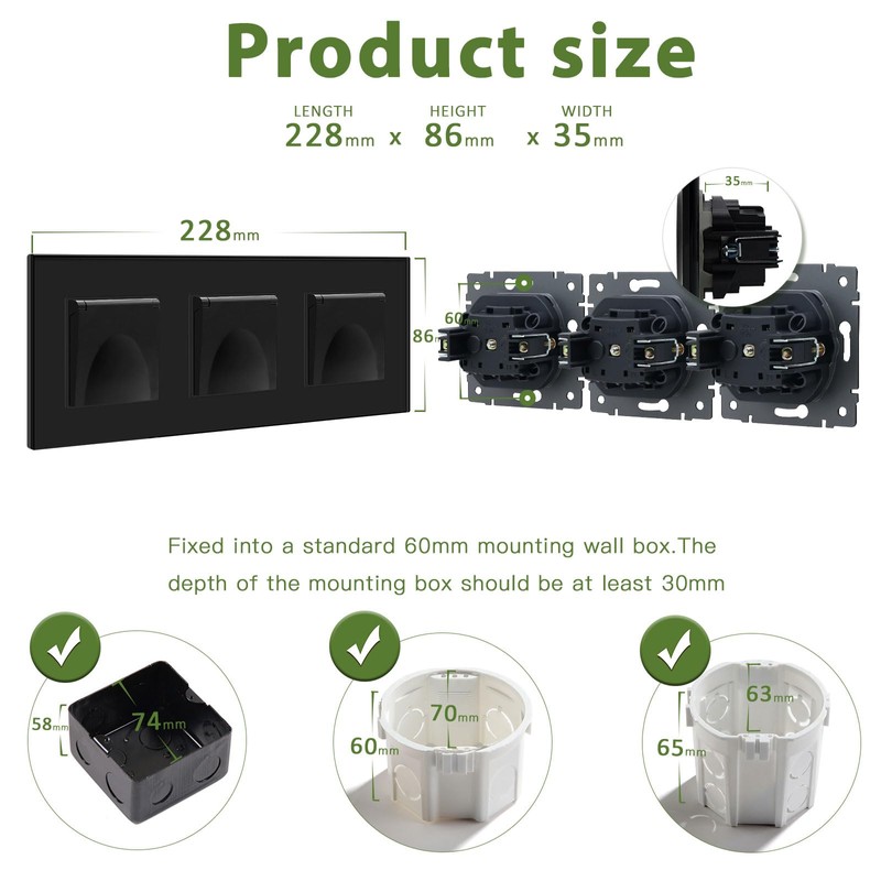 BSEED 3-Way Socket with Waterproof Cover, Schuko Socket with Plug-In