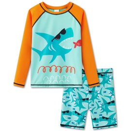 UMELOK Boys' Swimming Set UPF 50+, Two Piece Rash Guard and Swimming Shorts with Cute Animals Motif, Sun Protection for Children, Turquoise Blue and Orange