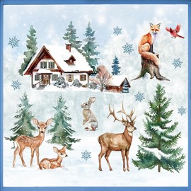 Mfault Winter Wildlife Window Clings, Forest Animals Reindeer Cardinal Fox Rabbit House Pine Tree Stickers Decals Decorations, Farmhouse Christmas Woodland Snowflake Home Living Room Kitchen Decor