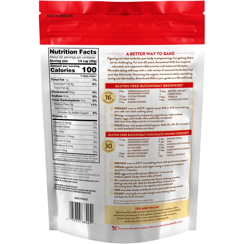 Arrowhead Mills Organic Buckwheat Flour, Gluten Free, 22 oz (Pack