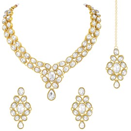 Aheli Ethnic Fashion Gold Plated White Color Crystal Necklace with Earring & Maangtikka Jewelry Set Gift for Women