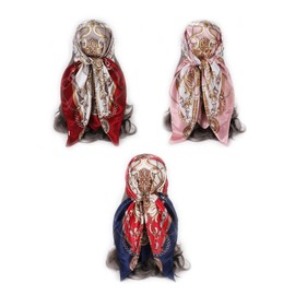 Thapncow Pack of 3 Faux Flower Bandana, Generic Headscarf for Women, Large Square Satin, Women's Silk Scarves, Smooth Silk Scarf, Decoration Headwear Gift for Women (90 x 90 cm), blue / red