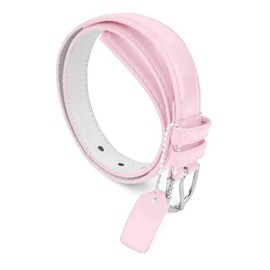 Kids PU Leather Belt for Dresses, Skinny Girls, Silver Polish Buckle, Light Pink, Medium