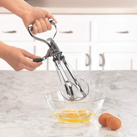 Handheld Egg Mixer - Retro Styling for Quick Mixing. Nonslip Handles, Fast Rotary Action. Perfect for Beating Eggs, Whipping Cream, Meringue. 13" Long x 4" Wide, Stainless Steel over Plastic