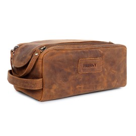 TRISKY Mens Leather Toiletry Travel Bag, Shaving and Travel Kit for Men, Dopp Kit Men, Handcrafted Vintage, Toiletry Pouch With Waterproof Lining - Brown