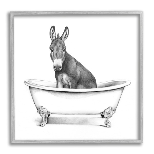 Stupell Industries Donkey in Claw Tub Farm Animal Bathroom Sketch White 17 x 17