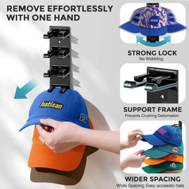Hat Organizer for Baseball Caps, 2 Pack Hat Rack for Wall Closet Door Hold up to 16 Hats,Hat Holder with Adhesive and 8 Screws, Hat Hanger Cap Holder Hat Hangers for Wall Closet Door Bedroom(A-Black)