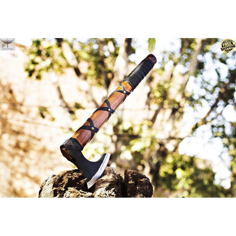 Custom Gift Forged Carbon Steel Viking Axe with Rose Wood