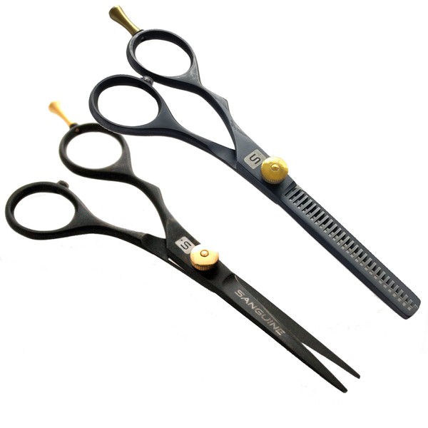 Professional Left Handed Hairdressing Scissors and Thinning Scissors, 5.5 inch + Presentation Case (Deep Black)