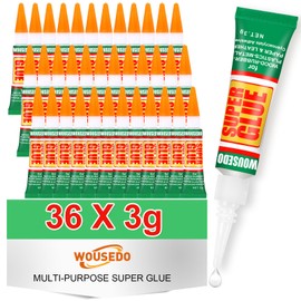 WOUSEDO 36 X 3g Super Glue Clear, Strong Adhesive,Super Glue Fast Drying Cyanoacrylate Glue for Wood,Rubber,Leather, Plastic, Metal, Rhinestone Jewelry, DIY Crafts and More